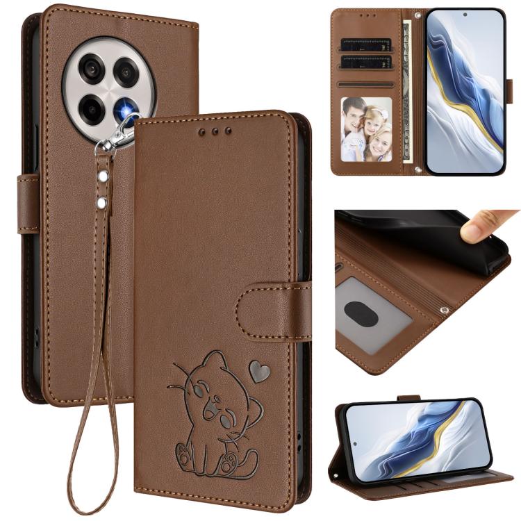 Embossed Heart Cat Leather Phone Case with Hand Strap, For OnePlus 13T 5G, For OnePlus 13R / Ace 5 Pro / Ace 5