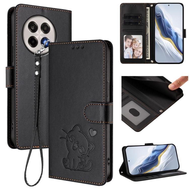 Embossed Heart Cat Leather Phone Case with Hand Strap, For OnePlus 13T 5G, For OnePlus 13R / Ace 5 Pro / Ace 5