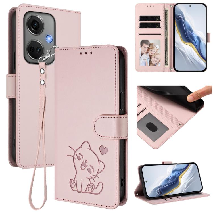 Embossed Heart Cat Leather Phone Case with Hand Strap, For OnePlus Ace 2 Pro 5G, For OnePlus Nord CE3 5G India