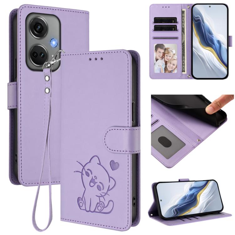 Embossed Heart Cat Leather Phone Case with Hand Strap, For OnePlus Ace 2 Pro 5G, For OnePlus Nord CE3 5G India