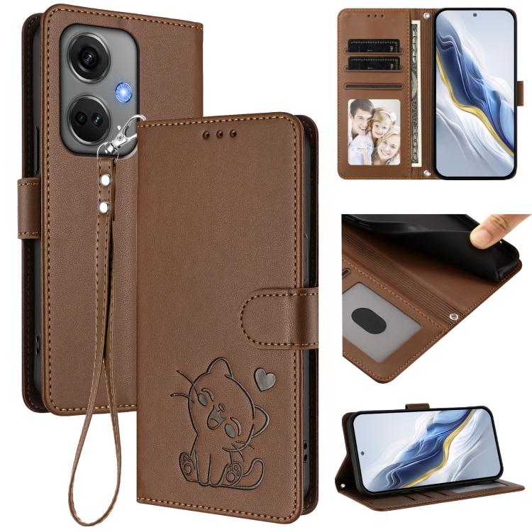Embossed Heart Cat Leather Phone Case with Hand Strap, For OnePlus Ace 2 Pro 5G, For OnePlus Nord CE3 5G India