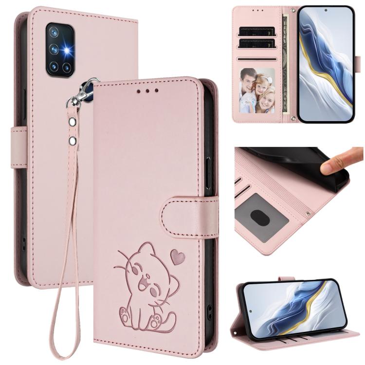 Embossed Heart Cat Leather Phone Case with Hand Strap, For OnePlus Nord N10 5G