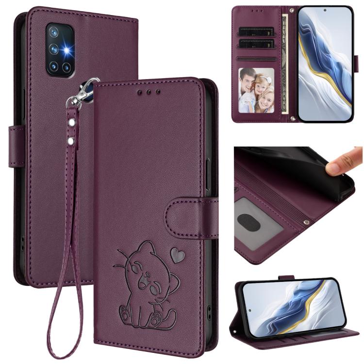 Embossed Heart Cat Leather Phone Case with Hand Strap, For OnePlus Nord N10 5G