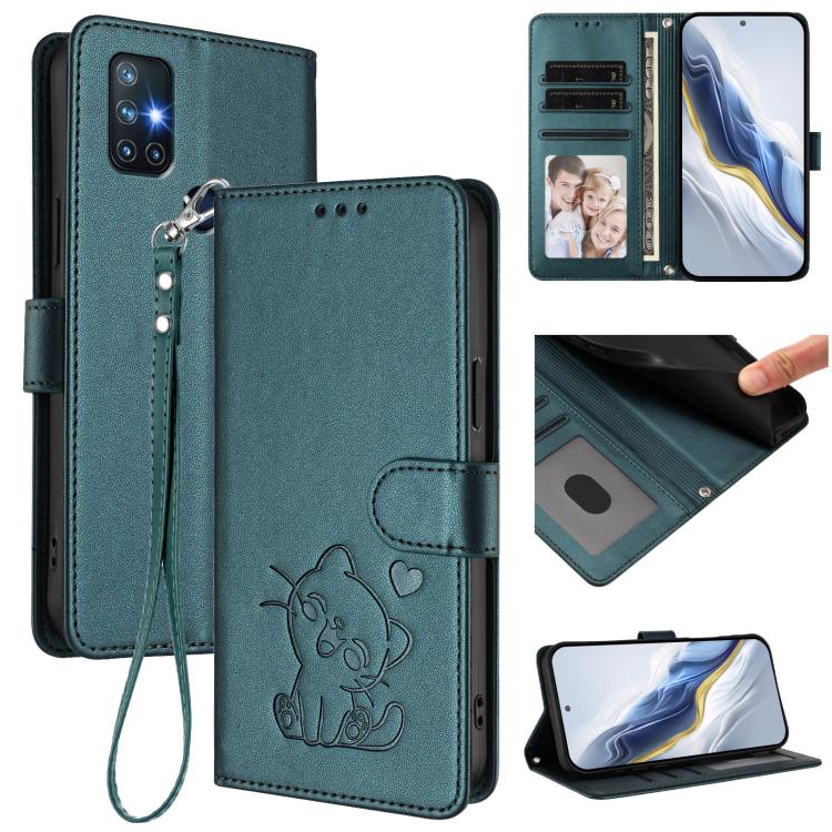 Embossed Heart Cat Leather Phone Case with Hand Strap, For OnePlus Nord N10 5G