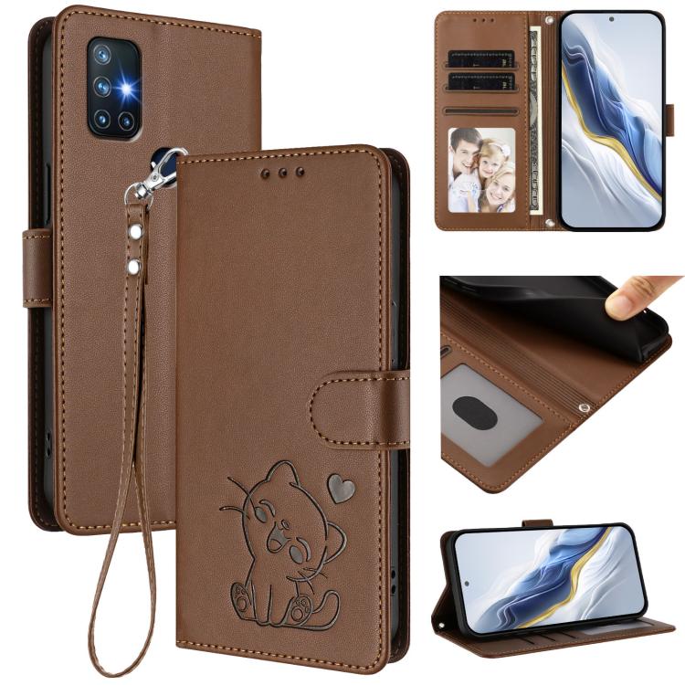 Embossed Heart Cat Leather Phone Case with Hand Strap, For OnePlus Nord N10 5G