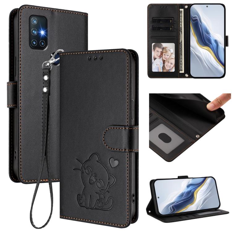 Embossed Heart Cat Leather Phone Case with Hand Strap, For OnePlus Nord N10 5G