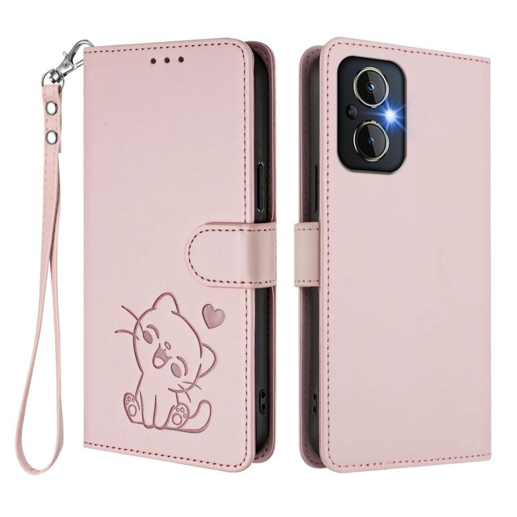 Embossed Heart Cat Leather Phone Case with Hand Strap, OnePlus Nord N20 5G, For OnePlus Nord N200 5G