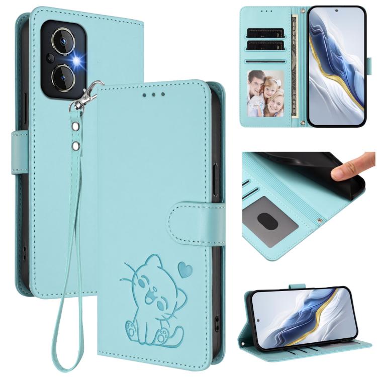 Embossed Heart Cat Leather Phone Case with Hand Strap, OnePlus Nord N20 5G, For OnePlus Nord N200 5G
