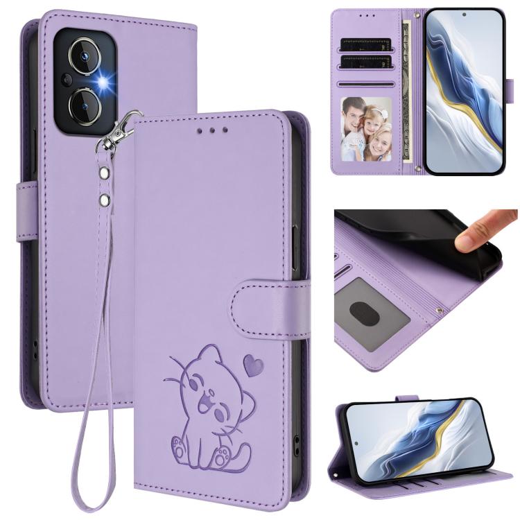Embossed Heart Cat Leather Phone Case with Hand Strap, OnePlus Nord N20 5G, For OnePlus Nord N200 5G