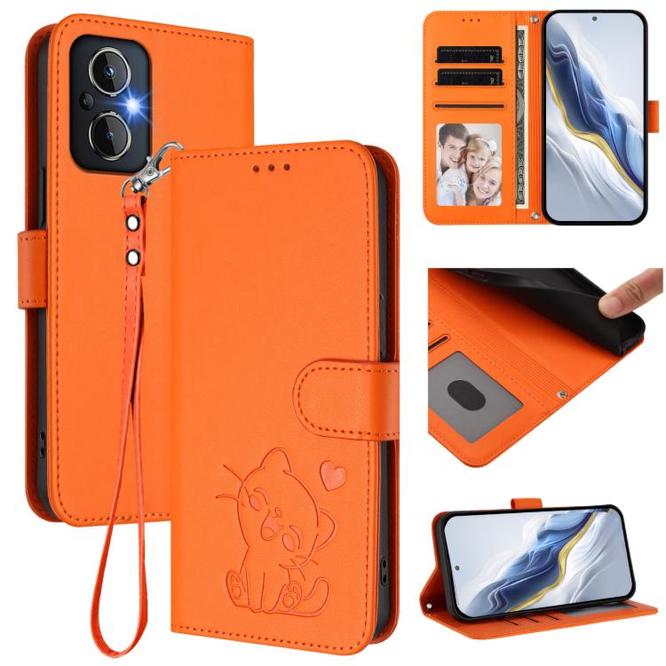 Embossed Heart Cat Leather Phone Case with Hand Strap, OnePlus Nord N20 5G, For OnePlus Nord N200 5G