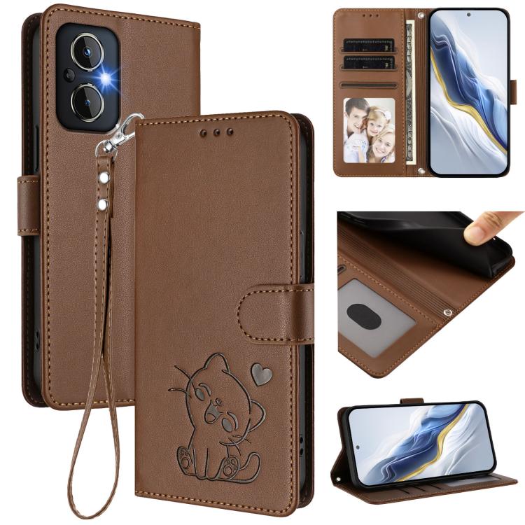 Embossed Heart Cat Leather Phone Case with Hand Strap, OnePlus Nord N20 5G, For OnePlus Nord N200 5G