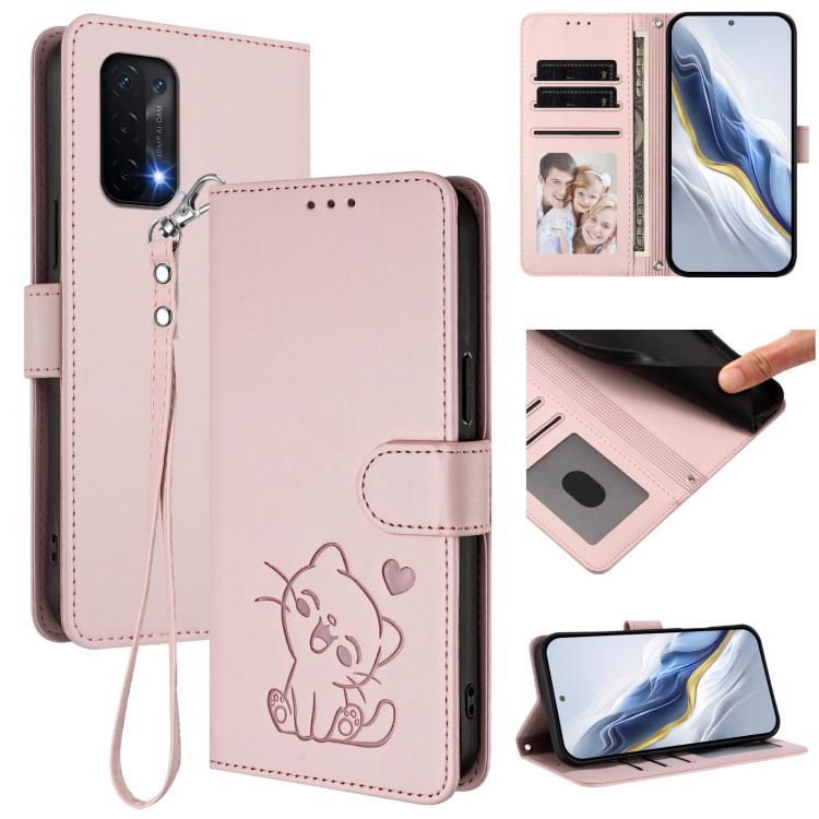 Embossed Heart Cat Leather Phone Case with Hand Strap, OnePlus Nord N20 5G, For OnePlus Nord N200 5G
