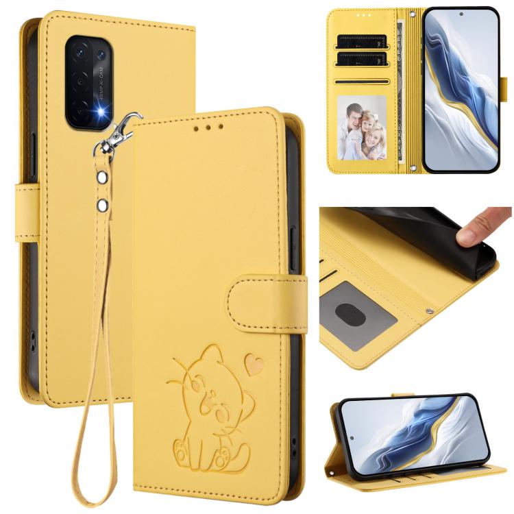 Embossed Heart Cat Leather Phone Case with Hand Strap, OnePlus Nord N20 5G, For OnePlus Nord N200 5G