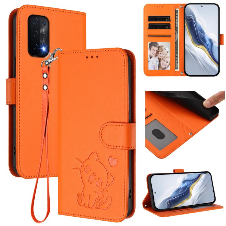 Embossed Heart Cat Leather Phone Case with Hand Strap, OnePlus Nord N20 5G, For OnePlus Nord N200 5G