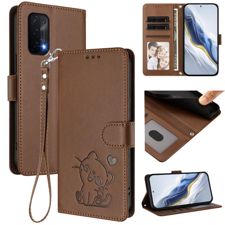 Embossed Heart Cat Leather Phone Case with Hand Strap, OnePlus Nord N20 5G, For OnePlus Nord N200 5G