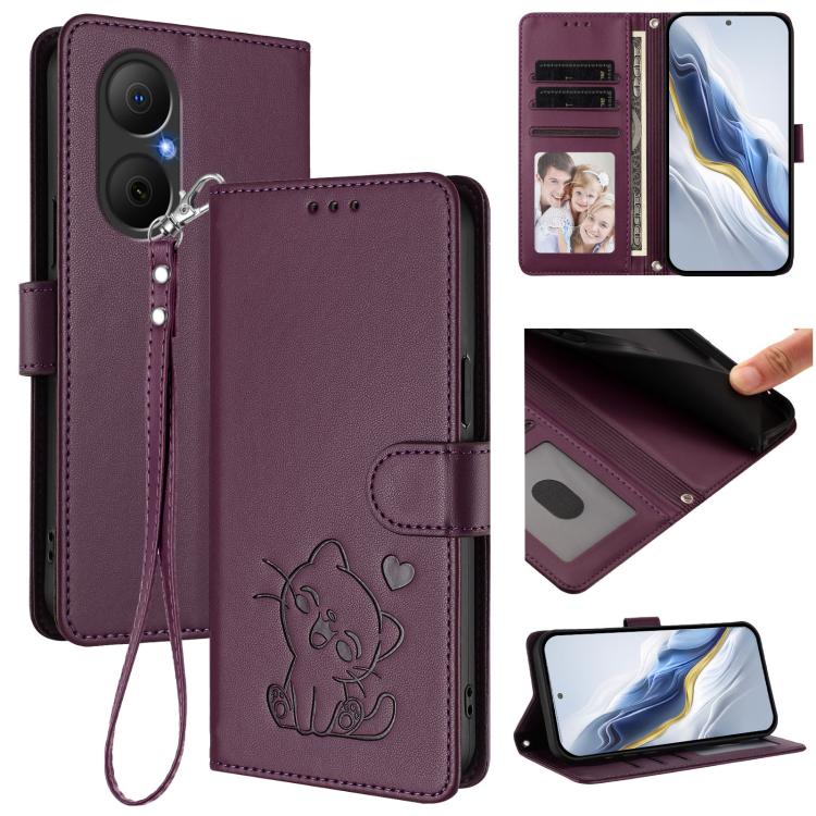 Embossed Heart Cat Leather Phone Case with Hand Strap, For Huawei Enjoy 80 / Nova Y73, For Huawei nova 13i / nova 12i Global