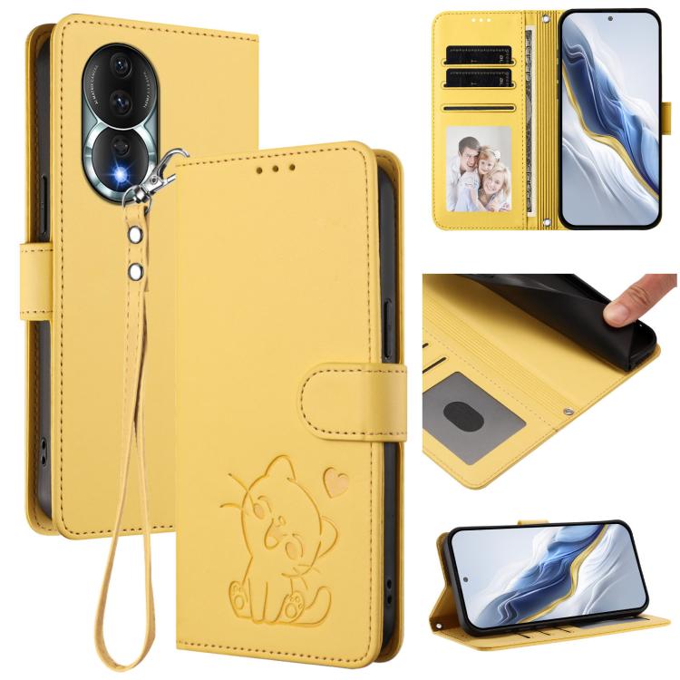 Embossed Heart Cat Leather Phone Case with Hand Strap, For Honor 80 GT, For Honor 80