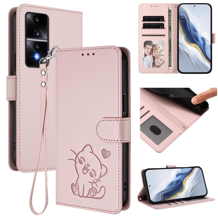 Embossed Heart Cat Leather Phone Case with Hand Strap, For Honor 80 GT, For Honor 80