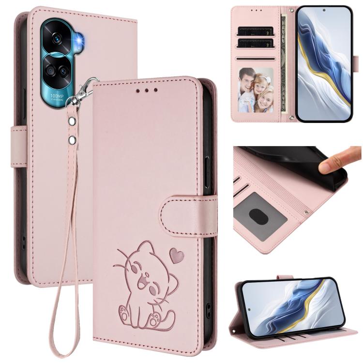Embossed Heart Cat Leather Phone Case with Hand Strap, For Honor 100 Pro, For Honor 90 Lite / Honor X50i