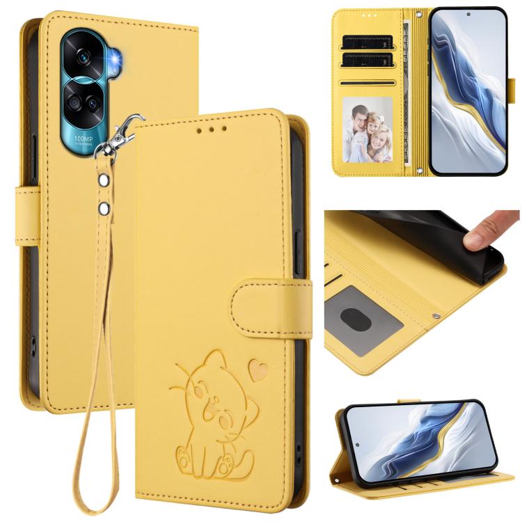 Embossed Heart Cat Leather Phone Case with Hand Strap, For Honor 100 Pro, For Honor 90 Lite / Honor X50i