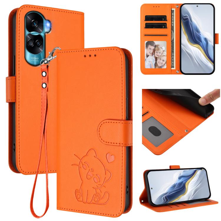 Embossed Heart Cat Leather Phone Case with Hand Strap, For Honor 100 Pro, For Honor 90 Lite / Honor X50i