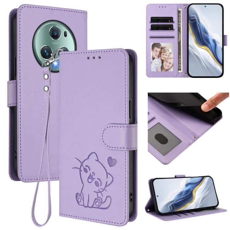 Embossed Heart Cat Leather Phone Case with Hand Strap, For Honor X7a / Honor Play7T, For Honor Magic5 Pro