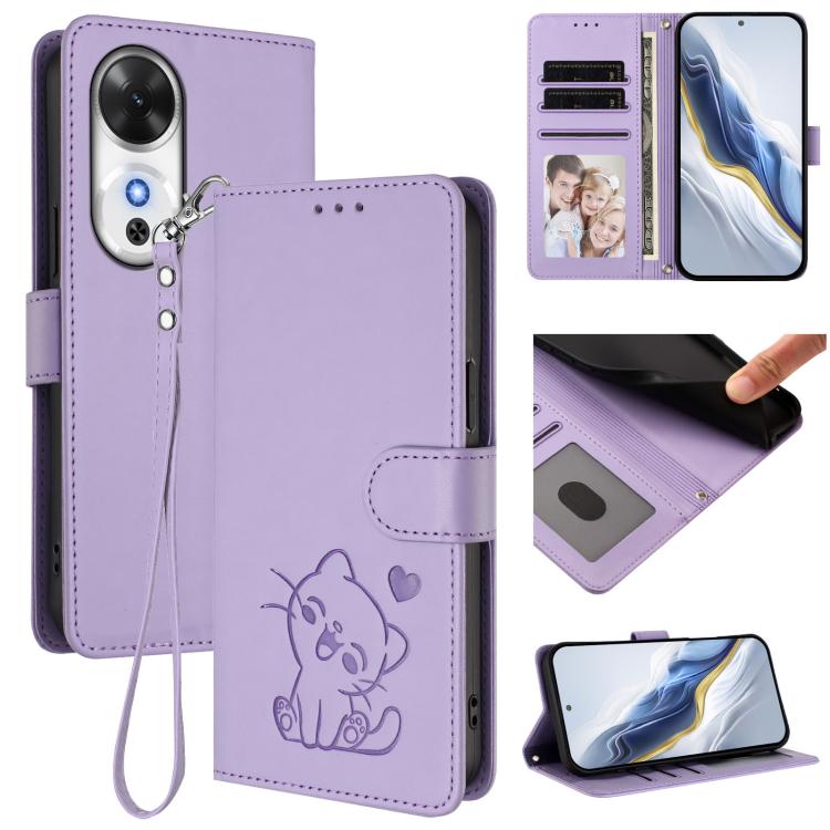 Embossed Heart Cat Leather Phone Case with Hand Strap, For Honor Power, For Honor Play 60