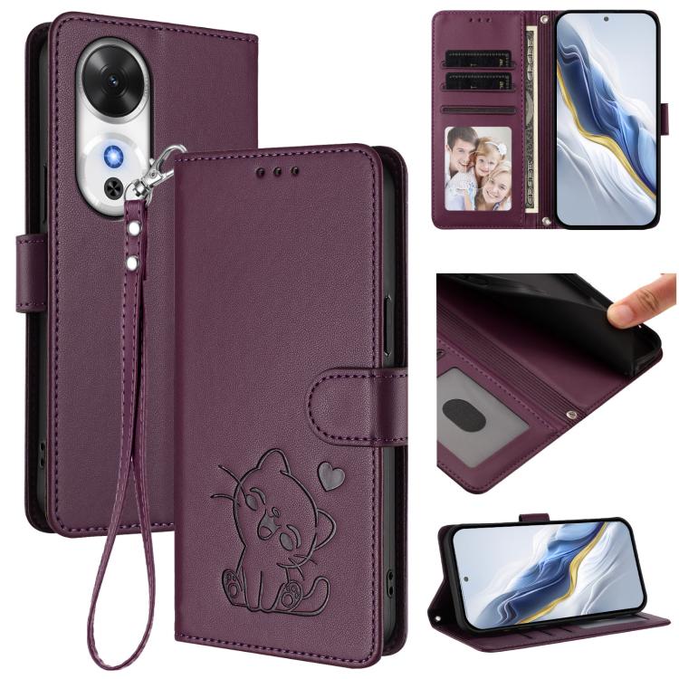 Embossed Heart Cat Leather Phone Case with Hand Strap, For Honor Power, For Honor Play 60