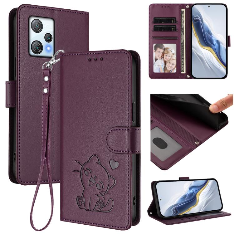 Embossed Heart Cat Leather Phone Case with Hand Strap, For Blackview A53