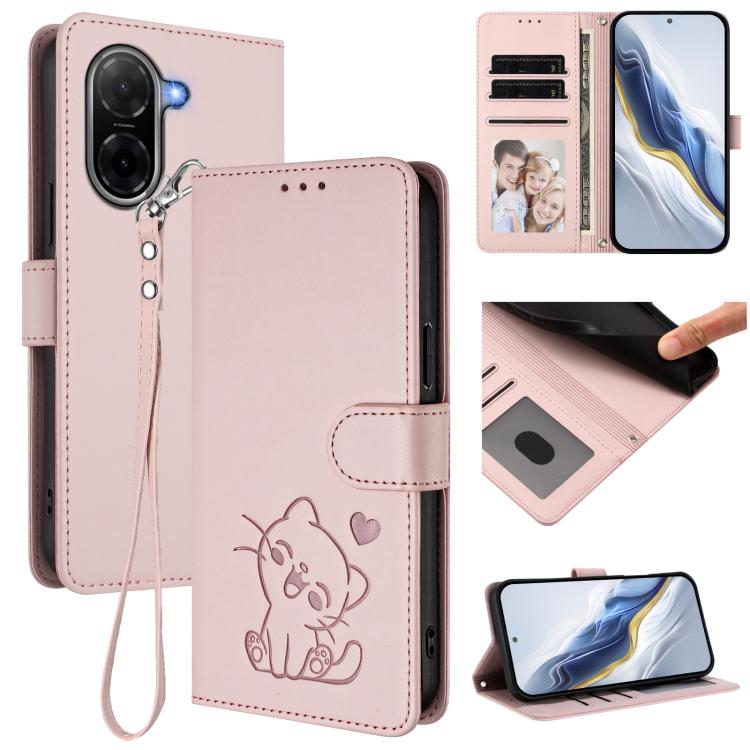 Embossed Heart Cat Leather Phone Case with Hand Strap, For Redmi A5 4G 173.3mm, For Redmi Note 14S 4G / 13 Pro 4G Global