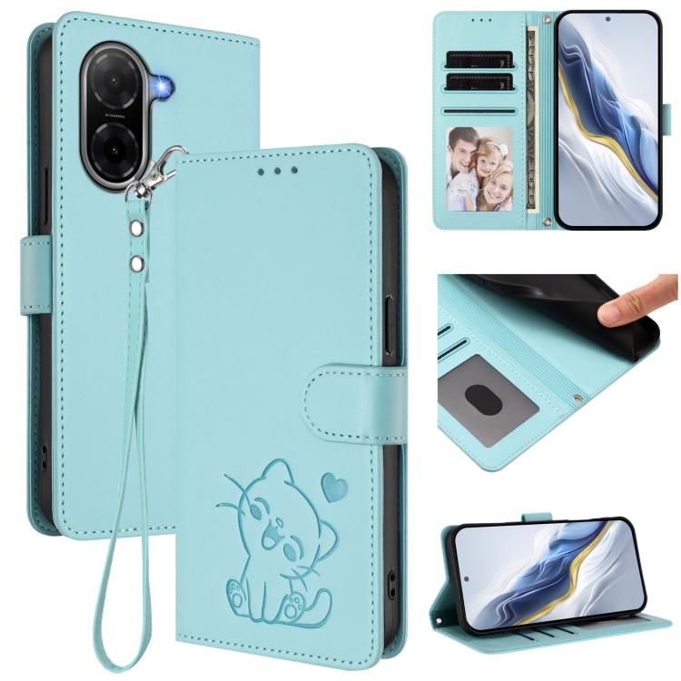 Embossed Heart Cat Leather Phone Case with Hand Strap, For Redmi A5 4G 173.3mm, For Redmi Note 14S 4G / 13 Pro 4G Global