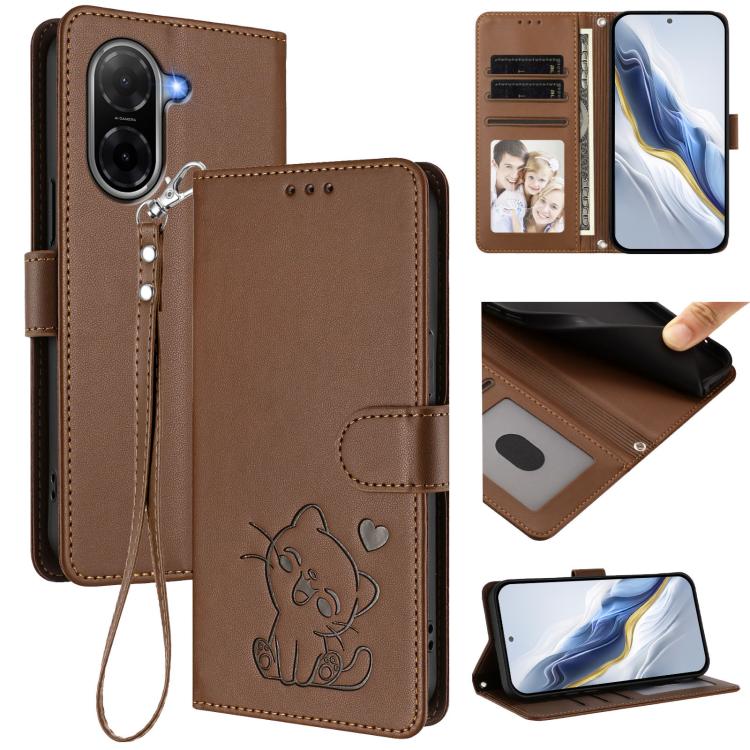 Embossed Heart Cat Leather Phone Case with Hand Strap, For Redmi A5 4G 173.3mm, For Redmi Note 14S 4G / 13 Pro 4G Global