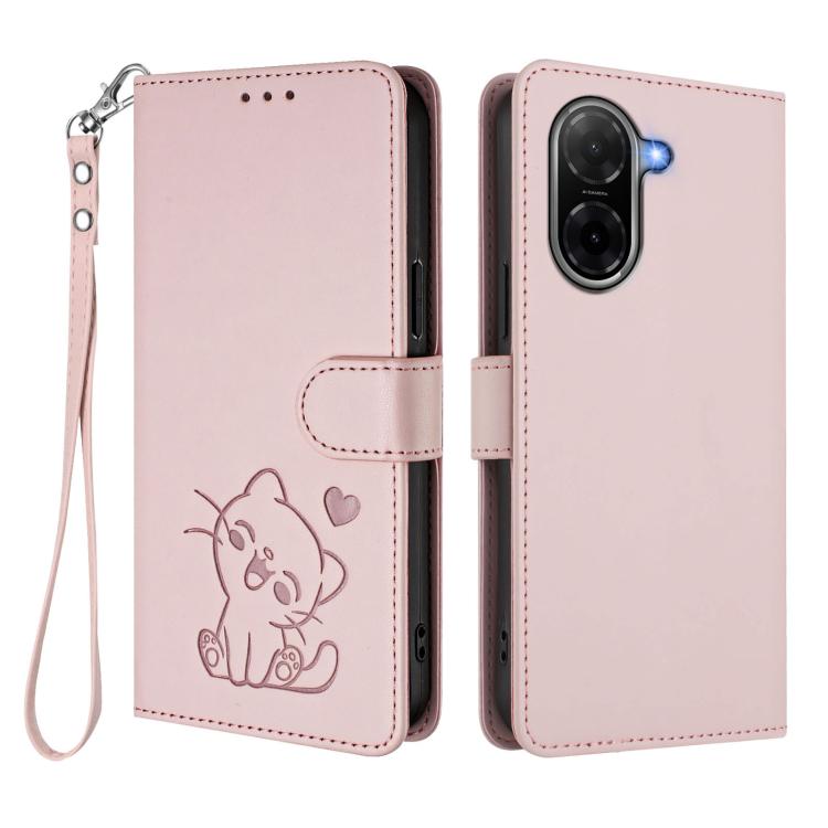 Embossed Heart Cat Leather Phone Case with Hand Strap, For Redmi A5 4G 171.7mm / Xiaomi Poco C71, For Redmi K90 Max 5G