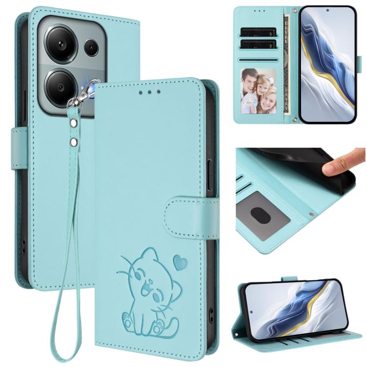 Embossed Heart Cat Leather Phone Case with Hand Strap, For Redmi A5 4G 173.3mm, For Redmi Note 14S 4G / 13 Pro 4G Global