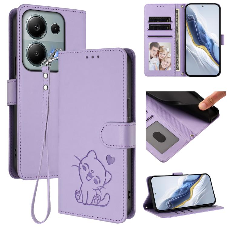 Embossed Heart Cat Leather Phone Case with Hand Strap, For Redmi A5 4G 173.3mm, For Redmi Note 14S 4G / 13 Pro 4G Global