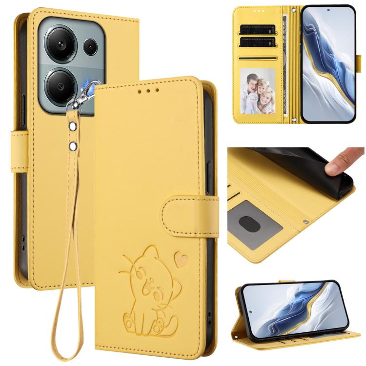 Embossed Heart Cat Leather Phone Case with Hand Strap, For Redmi A5 4G 173.3mm, For Redmi Note 14S 4G / 13 Pro 4G Global