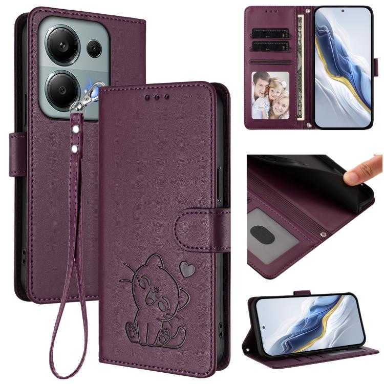 Embossed Heart Cat Leather Phone Case with Hand Strap, For Redmi A5 4G 173.3mm, For Redmi Note 14S 4G / 13 Pro 4G Global