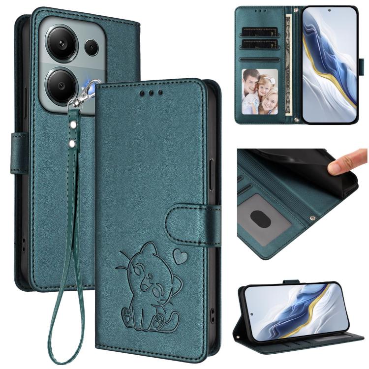 Embossed Heart Cat Leather Phone Case with Hand Strap, For Redmi A5 4G 173.3mm, For Redmi Note 14S 4G / 13 Pro 4G Global