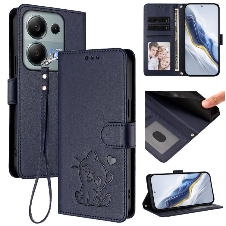Embossed Heart Cat Leather Phone Case with Hand Strap, For Redmi A5 4G 173.3mm, For Redmi Note 14S 4G / 13 Pro 4G Global