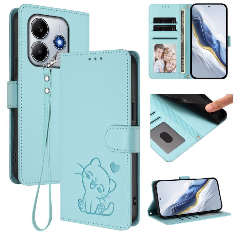 Embossed Heart Cat Leather Phone Case with Hand Strap, For Redmi Note 14 4G 164.84mm, For Redmi Note 14 Pro 5G India / Note 14 Pro+