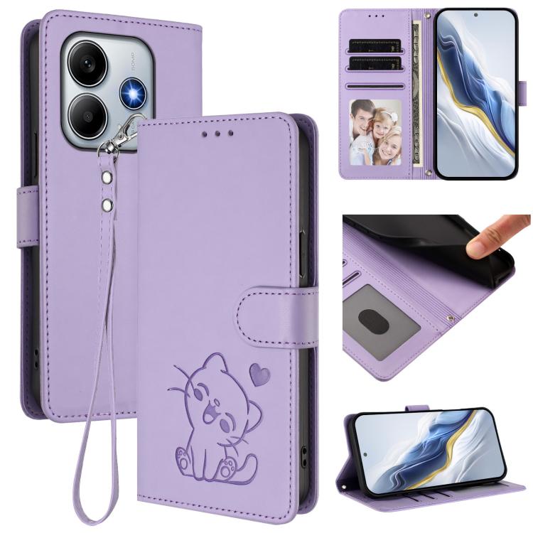 Embossed Heart Cat Leather Phone Case with Hand Strap, For Redmi Note 14 4G 164.84mm, For Redmi Note 14 Pro 5G India / Note 14 Pro+