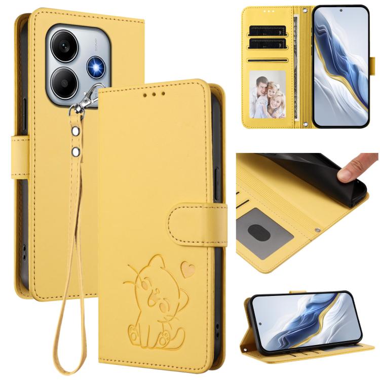 Embossed Heart Cat Leather Phone Case with Hand Strap, For Redmi Note 14 4G 164.84mm, For Redmi Note 14 Pro 5G India / Note 14 Pro+