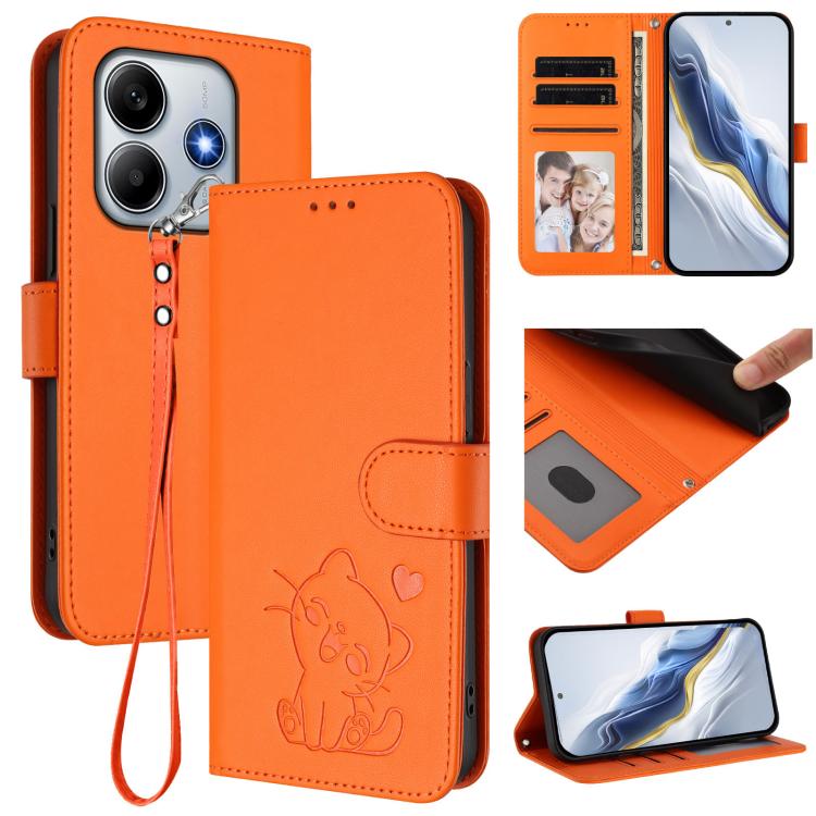 Embossed Heart Cat Leather Phone Case with Hand Strap, For Redmi Note 14 4G 164.84mm, For Redmi Note 14 Pro 5G India / Note 14 Pro+