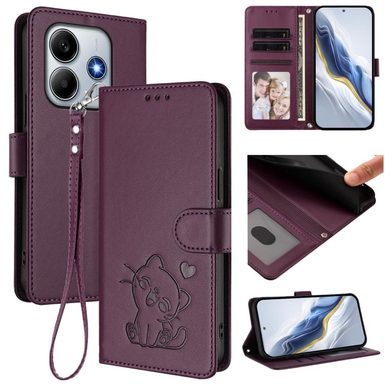 Embossed Heart Cat Leather Phone Case with Hand Strap, For Redmi Note 14 4G 164.84mm, For Redmi Note 14 Pro 5G India / Note 14 Pro+