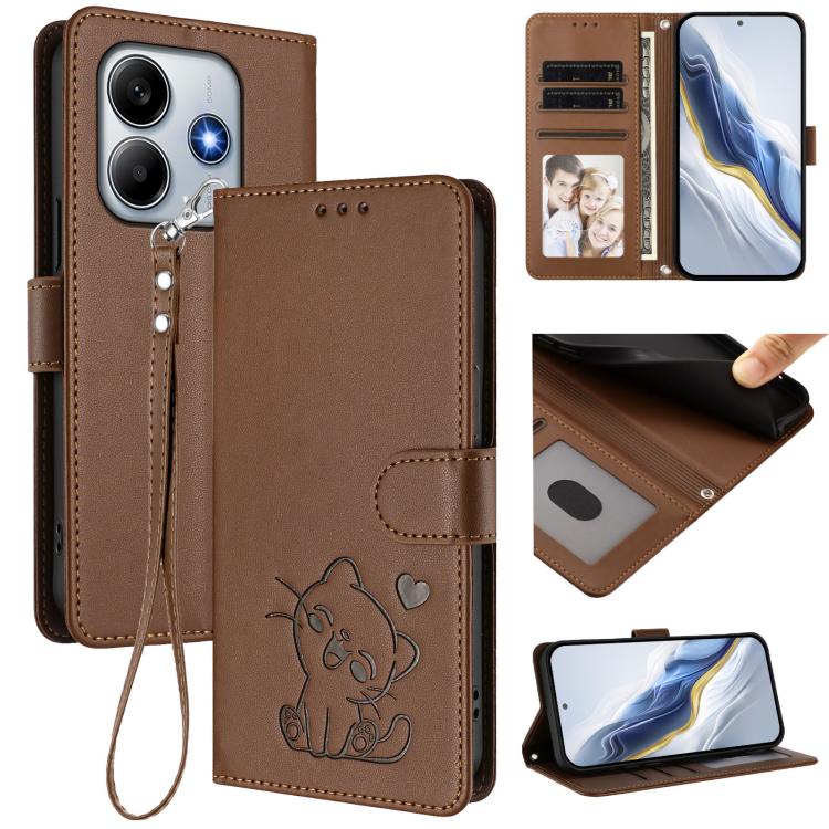 Embossed Heart Cat Leather Phone Case with Hand Strap, For Redmi Note 14 4G 164.84mm, For Redmi Note 14 Pro 5G India / Note 14 Pro+