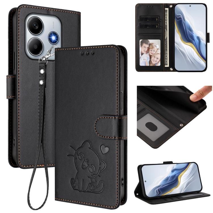 Embossed Heart Cat Leather Phone Case with Hand Strap, For Redmi Note 14 4G 164.84mm, For Redmi Note 14 Pro 5G India / Note 14 Pro+