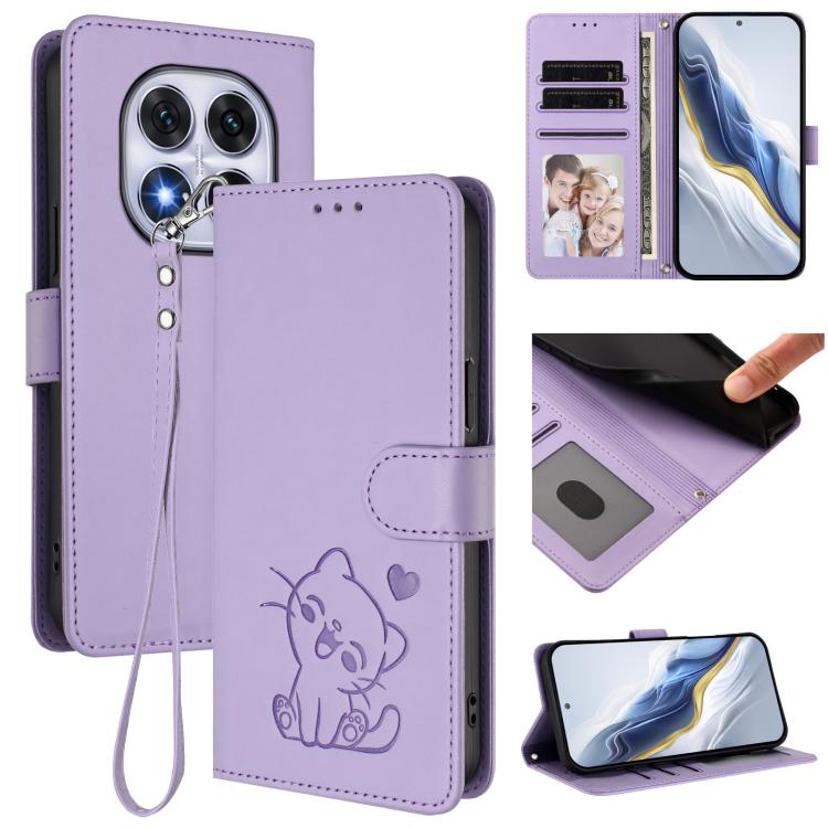 Embossed Heart Cat Leather Phone Case with Hand Strap, For Redmi Note 14 4G 164.84mm, For Redmi Note 14 Pro 5G India / Note 14 Pro+