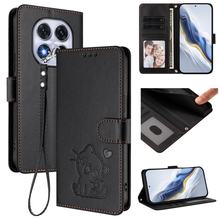 Embossed Heart Cat Leather Phone Case with Hand Strap, For Redmi Note 14 4G 164.84mm, For Redmi Note 14 Pro 5G India / Note 14 Pro+