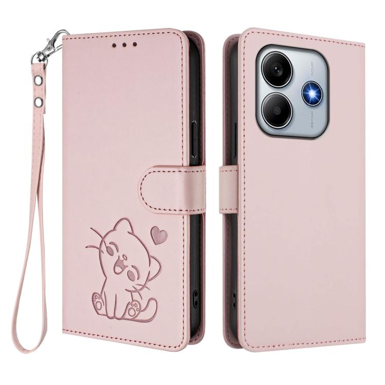 Embossed Heart Cat Leather Phone Case with Hand Strap, For Redmi Note 14 5G India / Xiaomi M7 Pro 5G, For Redmi Note 14 Pro 4G Global