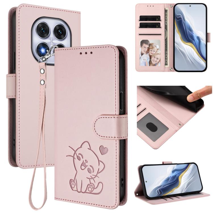 Embossed Heart Cat Leather Phone Case with Hand Strap, For Redmi Note 14 5G India / Xiaomi M7 Pro 5G, For Redmi Note 14 Pro 4G Global